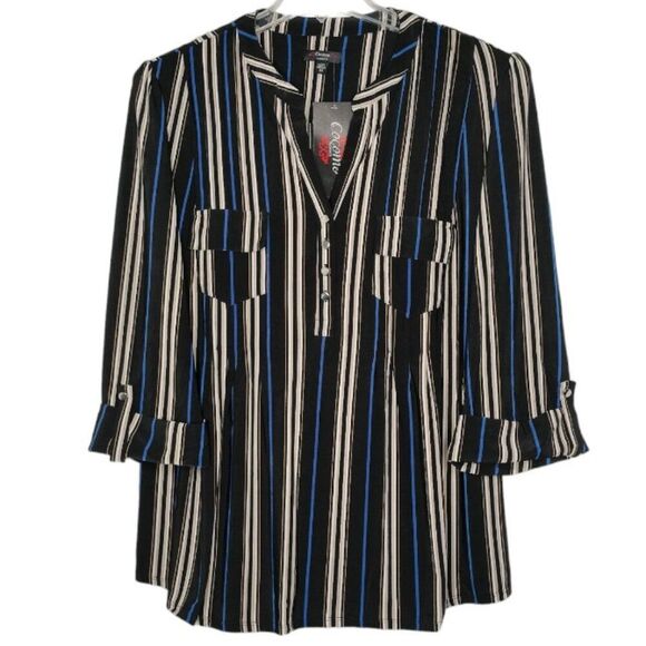 Cocomo Women's Plus Size 3X Black Multicolor Stripe Print Pintuck 3/4 Sleeve Top - Picture 1 of 7